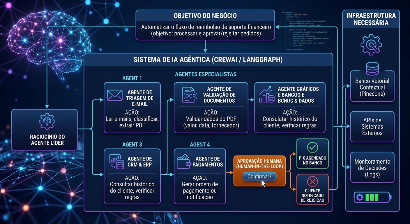 Infográfico demonstrando o funcionamento de um sistema de IA Agêntica com agentes especialistas e aprovação humana